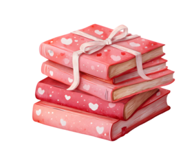 Stack of pink books with hearts tied with a ribbon bow. Cute books in a heart print. Romantic symbols for Valentine's Day.