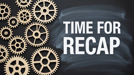 Time for recap with wooden gears symbolizing teamwork and strategy on chalkboard background, perfect for annual reviews, business meetings, and progress reports