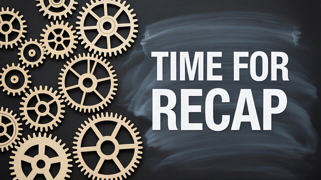 Time for recap with wooden gears symbolizing teamwork and strategy on chalkboard background, perfect for annual reviews, business meetings, and progress reports
