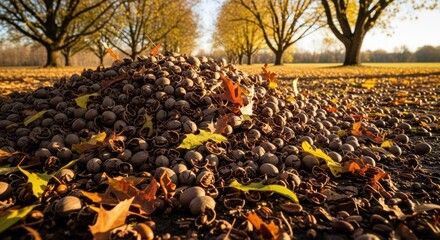 Obraz premium Pile of Nuts with Leaves in Autumn