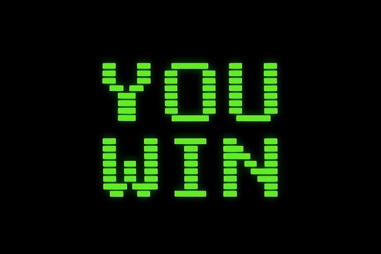 Retro Pixel Art You Win Green Digital Text on Black Background.