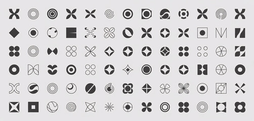A collection of abstract geometric shapes and symbols in a grid pattern, featuring circles, squares, crosses, and unique minimalist designs
