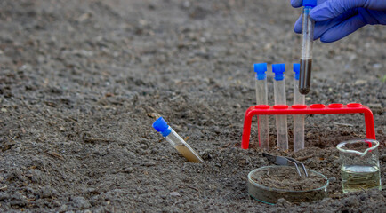 A scientist takes soil into a test tube for analysis. Selective focus.