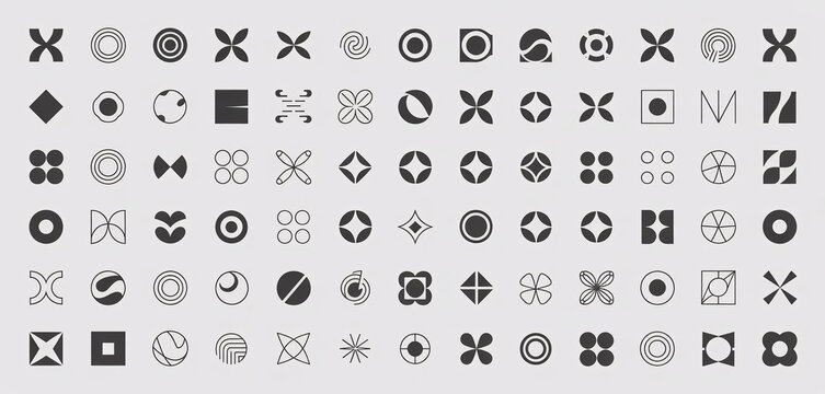 A collection of abstract geometric shapes and symbols in a grid pattern, featuring circles, squares, crosses, and unique minimalist designs