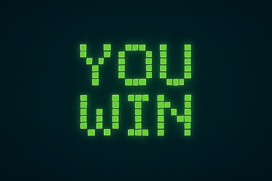 Retro Pixel Art You Win Green Digital Text on Black Background.