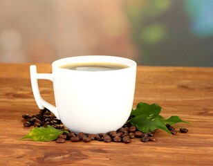 White coffee mug with coffee beans on a wooden table