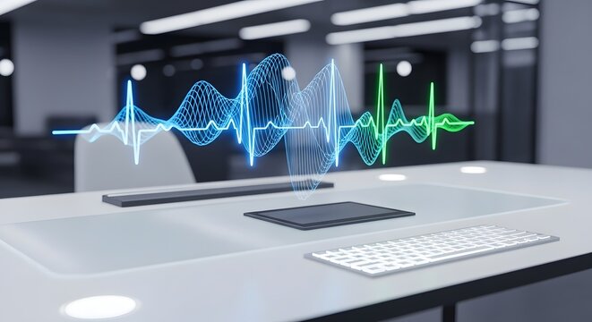 Futuristic holographic display of sound waves and heart rhythm on a modern office table.