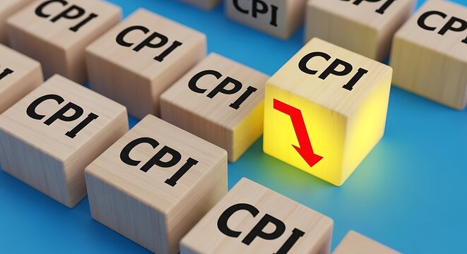 Wooden blocks with the letters cpi printed on them, one block shows a downward red arrow indicating a decrease in the consumer price index