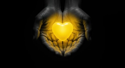 Hands holding a glowing yellow heart against a dark background, representing love and compassion.