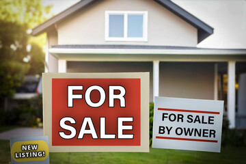 Real Estate design news design element. For Sale and FSBO signs. A residential house with a lawn in front of it.