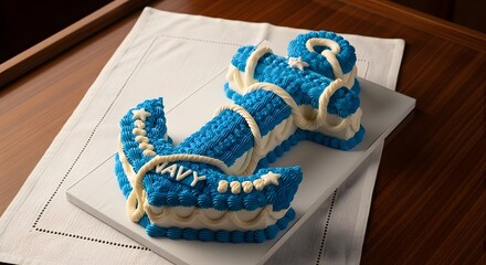A decorative blue and white cake shaped like a naval anchor with piped frosting details and the word 'NAVY' written on it.