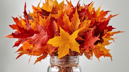 A simple glass jar used as a vase, filled with a vibrant bouquet of red and orange autumn maple leaves. Minimalist fall decoration or centerpiece concept for a cozy, festive home interior