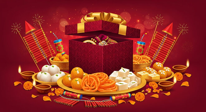 Diwali festival gift box with sweets and firecrackers - Powered by Adobe
