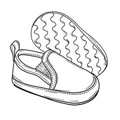 Line art drawing of baby shoes, simple design, slip on style, sole detail shown