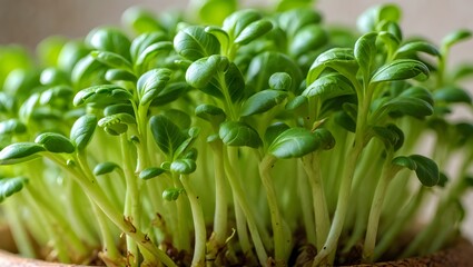 Vibrant Green Microgreens: Close-up, Fresh, Healthy Sprouting Plants,  Organic Growth, Natural Light.