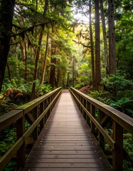 Fototapeta premium Wooden bridge path through lush forest. Sunlight streams through canopy