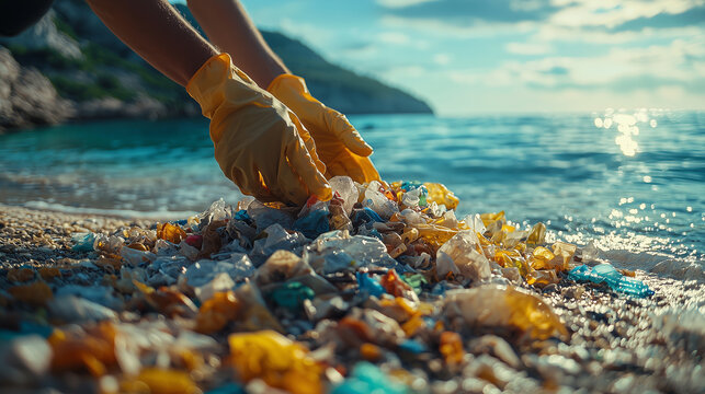 Local volunteers clean plastic waste from a beautiful beach on a sunny day - Powered by Adobe