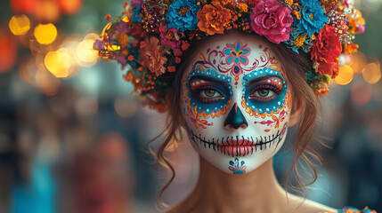 Celebration of Dia de los Muertos with vibrant sugar skull makeup in Mexico