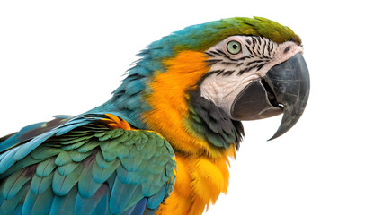 A colorful blue-and-yellow macaw with a striking black beak and detailed feather patterns.


