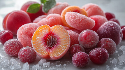 Juicy frozen fruits arranged on a white surface in a refreshing display