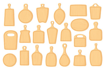 Vector set of wooden cutting boards in different shapes. Kitchen utensil illustration for cooking, food design, recipe, menu decoration.