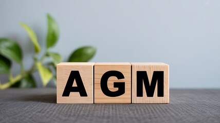 Annual General Meeting (AGM) concept presented with wooden blocks against a neutral background, ideal for business, corporate, and financial presentations
