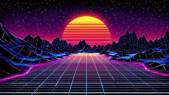 80s cyberpunk neon mountains synthwave sunset grid digital art 4k AI generated video. Sci fi retro wave aesthetic virtual reality vr cinematic 4k AI generated video.