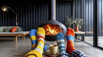Cozy relaxation by the fireplace with colorful socks and roasting marshmallows