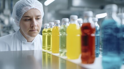Quality control in beverage production: inspector examines bottles in manufacturing facility