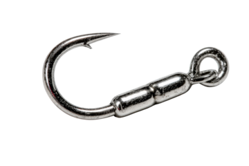 Close-up of a shiny metallic fishing hook designed for catching fish in freshwater and saltwater environments, showcasing intricate detailing and craftsmanship
