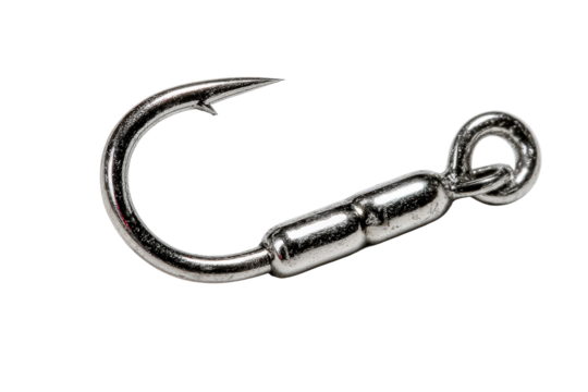 Close-up of a shiny metallic fishing hook designed for catching fish in freshwater and saltwater environments, showcasing intricate detailing and craftsmanship