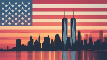 Silhouette of New York skyline, Twin Towers at sunset, American flag overlay, Patriot Day remembrance banner.