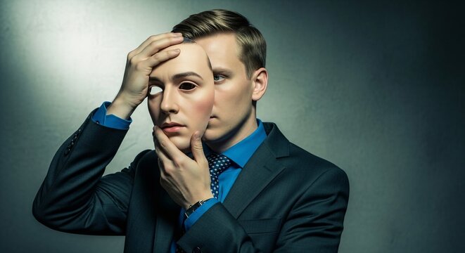 Man Holding a Mask Revealing a Different Face Exploring Identity and Deception Concepts