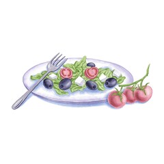 watercolor drawing food illustration, plate with Greek salad, choriatiki, isolated at white background