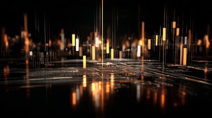 Fototapeta premium Futuristic digital financial data visualization with glowing vertical bars in yellow and orange colors against a dark ba