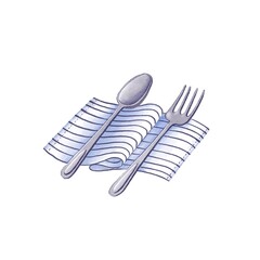 watercolor drawing food illustration, fork and spoon at table-napkin isolated at white background