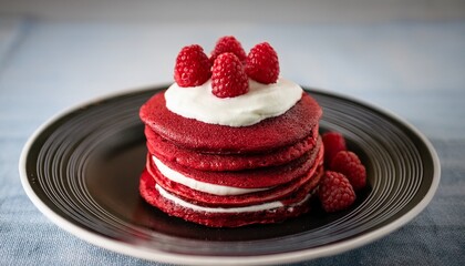 A Stack Of Red Velvet Pancakes Topped With White Cream And Raspberries Presented On A Dark Plate Creating An Appetizing And Visually Appealing Dessert