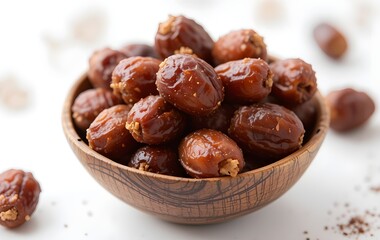 Obraz premium A wooden bowl filled with plump, dried dates, showcasing their rich brown color and natural texture.