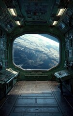 A spacecraft's interior, featuring a large, curved viewport showcasing a breathtaking view of Earth's atmosphere, clouds, and landmasses.