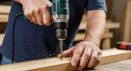 person drilling wooden plank with electric power drill