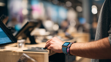 Obraz premium A customer pays for their items with a smartwatch at a retail store, highlighting the convenience of wearable tech for contactless transactions.