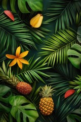 Fototapeta premium Tropical Fruits and Leaves Arrangement on Dark Background