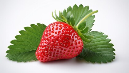 A Single Ripe Strawberry With Green Leaves On A White Background