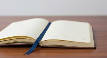 Open blank notebook with blue ribbon bookmark resting on a wooden table background