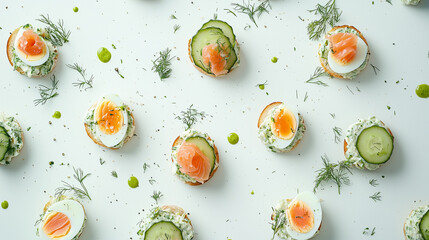 Colorful appetizers featuring smoked salmon and cucumber on a white plate