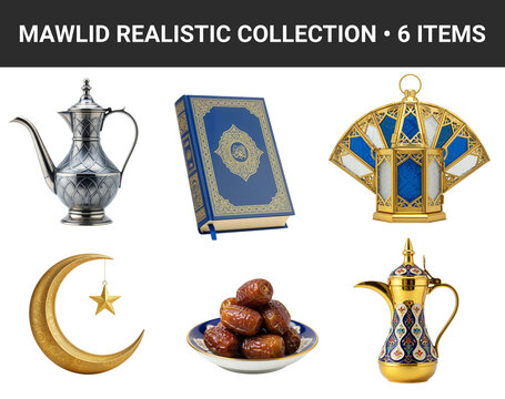 A beautifully rendered collection of 6 realistic items for celebrating Mawlid al-Nabi, ideal for creating elegant greeting cards, social media posts.Transparent Background, Cutout.