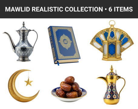 A beautifully rendered collection of 6 realistic items for celebrating Mawlid al-Nabi, ideal for creating elegant greeting cards, social media posts.Transparent Background, Cutout.