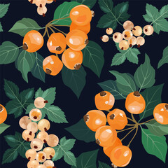 Seamless vector illustration featuring wild apples and white currants on a black background. Perfect for decorating textiles and packaging.