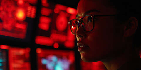 AI cyber security threat illustration, asian woman working in computer monitor lab, IT specialist, artificial intelligence in hacking coding & online security	