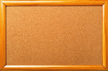 Fototapeta premium Corkboard with wooden frame. Close-up of a rectangular notice board featuring light brown cork texture enclosed by a light-colored wooden frame